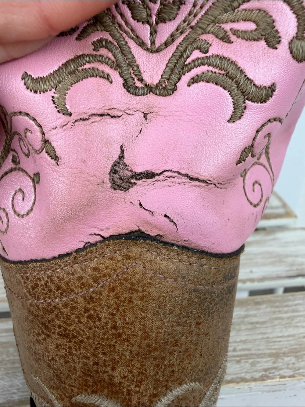 Old West kid's cowboy boots brown leather foot bed pink shaft embroidery size 3
